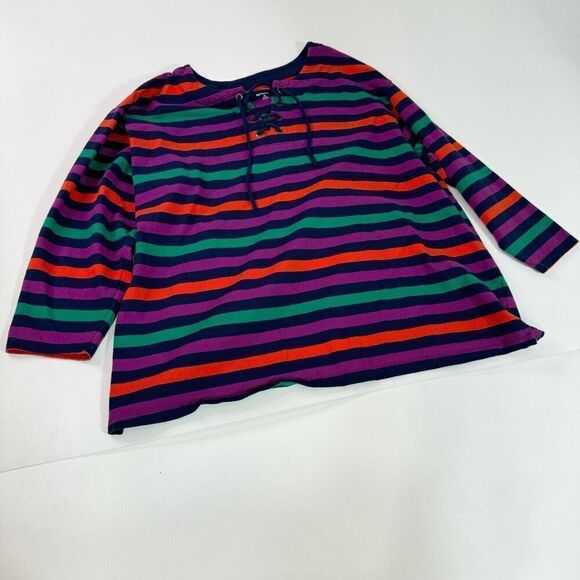 Lands' End Top Womens 2X Purple Striped Long-Sleeve Crew-Neck Drawstring Blouse - Picture 1 of 9